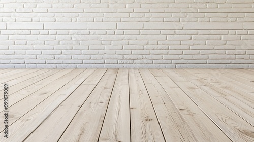 White brick wall and wooden floor with perspective.