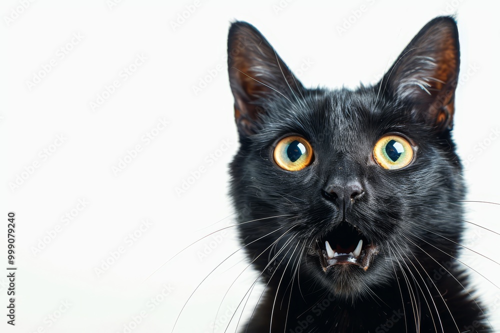 Close up of a black cat with wide eyes and open mouth expressing surprise or curiosity. A white background highlights the cats bright black fur and expressive face Close up of a black cat with wide eyes and open mouth expressing surprise or curiosity. A white background highlights the cats bright black fur and expressive face