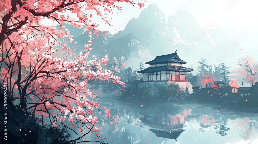 Obraz premium Draw a traditional Japanese-style background with cherry blossoms in full bloom and a delicate tea house perched amidst the tranquil scenery.