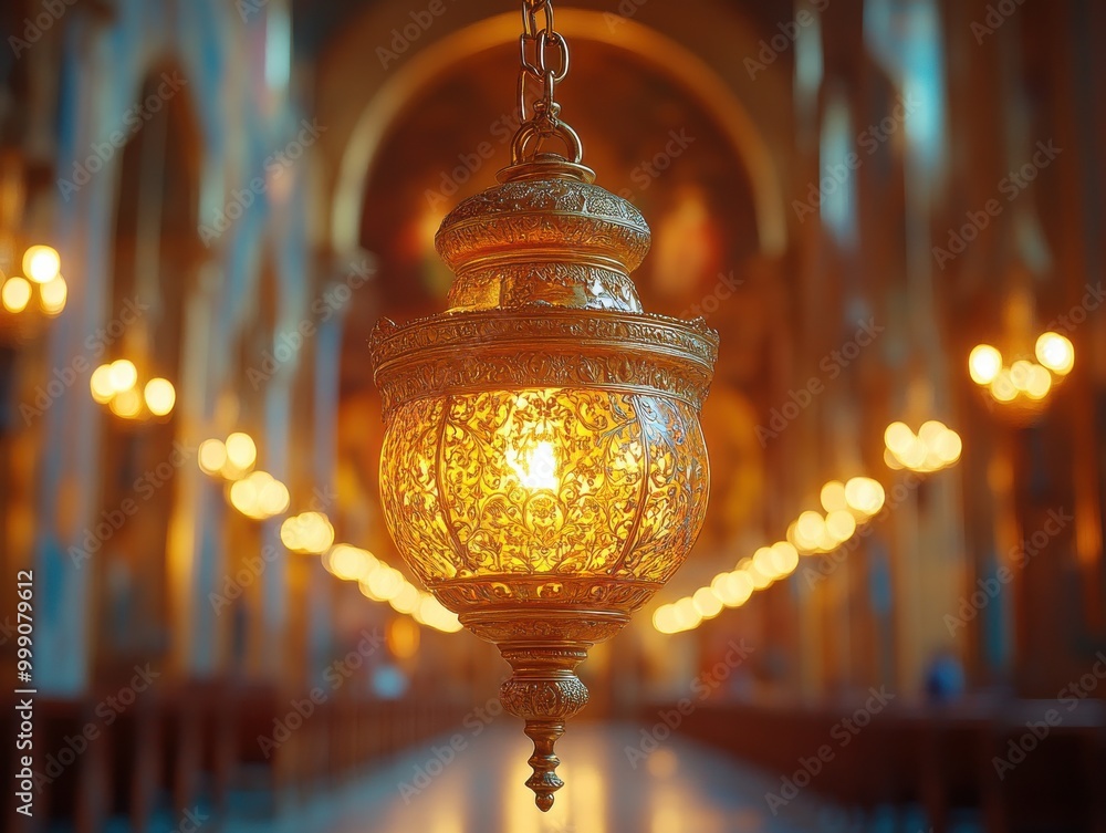 Intricate gold candelabra hanging from a chain in a Gothic cathedral with a Byzantine-inspired design and holy light illuminating the space Intricate gold candelabra hanging from a chain in a Gothic cathedral with a Byzantine-inspired design and holy light illuminating the space