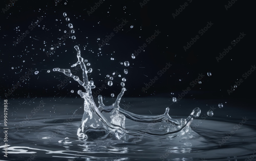 A mesmerizing splash of clear water captured mid-air against a dark background. A mesmerizing splash of clear water captured mid-air against a dark background.