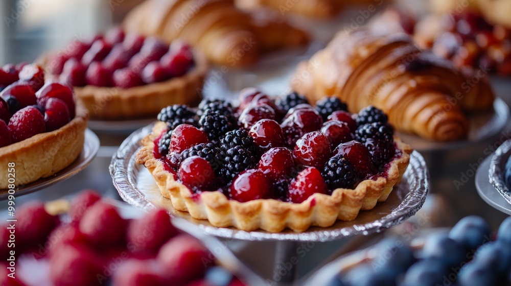 Close-up of a French bakery dessert display, featuring delicate berry tarts and croissants generative ai Close-up of a French bakery dessert display, featuring delicate berry tarts and croissants generative ai