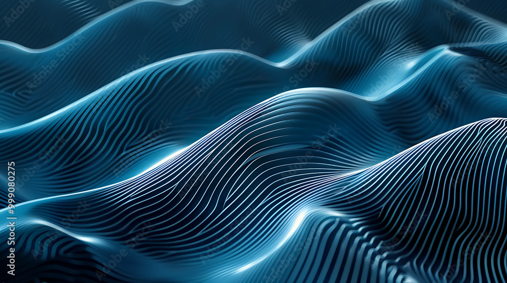 Abstract blue and white striped waves create a futuristic, dynamic background.