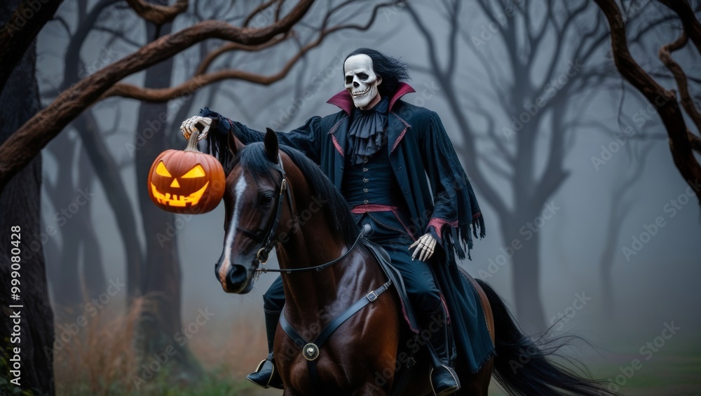 Fototapeta premium Eerie Horseman with Pumpkin in Spooky Forest