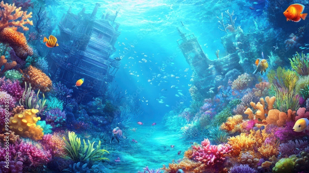 Fototapeta premium Illustrate a vibrant underwater scene with colorful coral reefs, swirling schools of fish, and a mysterious shipwreck. --ar 16:9 --v 6.1 Job ID: a4ffd0f1-b18d-4294-ad99-446d0645a643