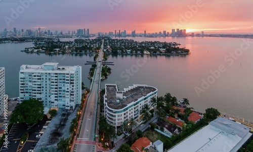 Condominiums on Belle Isle and the Venetian Islands at sunset, Biscayne Bay, Miami, Florida, United States. photo