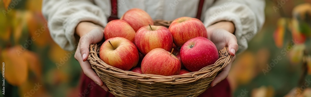 Woman with a basket of freshly picked apples in an autumn orchard Woman with a basket of freshly picked apples in an autumn orchard