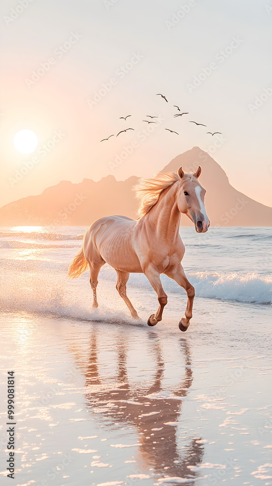 A beautiful white Arabian horse gallops through the waves on the shore of a beautiful beach at dawn. A beautiful white Arabian horse gallops through the waves on the shore of a beautiful beach at dawn.