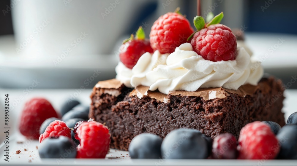 Close-up of a perfectly cut brownie, topped with whipped cream and berries generative ai Close-up of a perfectly cut brownie, topped with whipped cream and berries generative ai