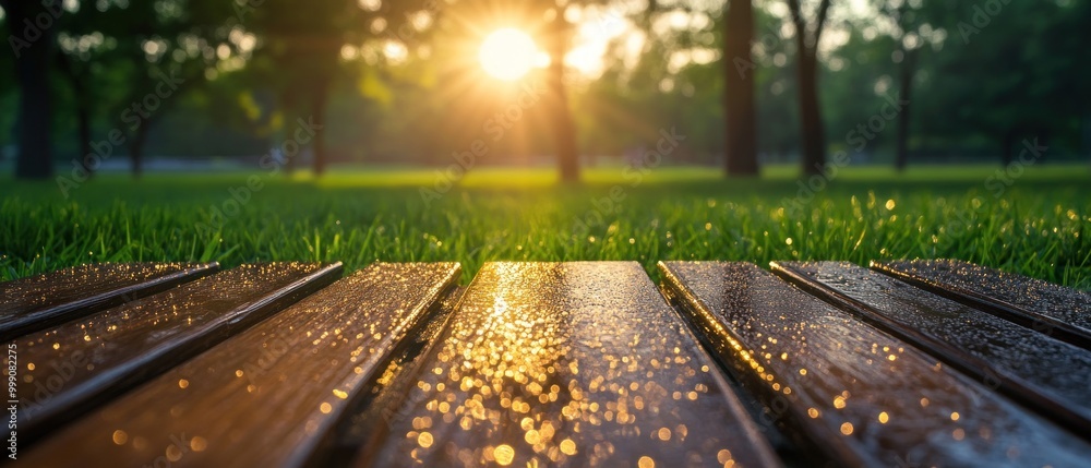 Wooden planks in a park with grass and trees in the background, sunset. Wooden planks in a park with grass and trees in the background, sunset.
