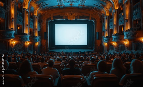 Empty movie theater filled with viewers watching a large white screen during daylight with a blue color theme photo