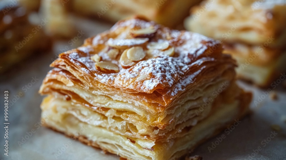 Close-up of beautifully layered apple almond pastries, with a flaky texture and a hint of vanilla generative ai Close-up of beautifully layered apple almond pastries, with a flaky texture and a hint of vanilla generative ai
