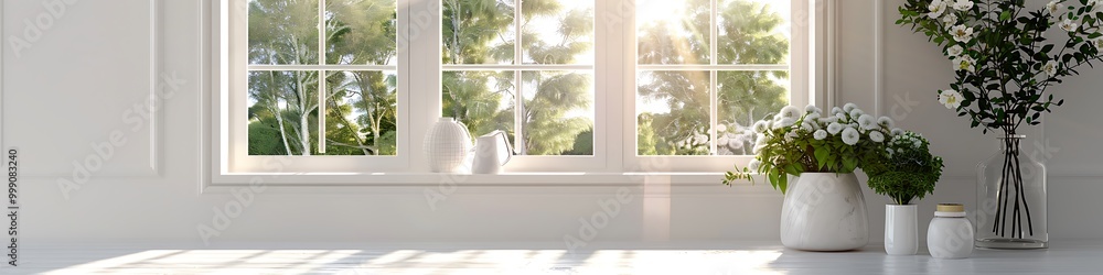 White room with window, summer view, Scandinavian style, home design, copy space for text, 3D rendering. White room with window, summer view, Scandinavian style, home design, copy space for text, 3D rendering.