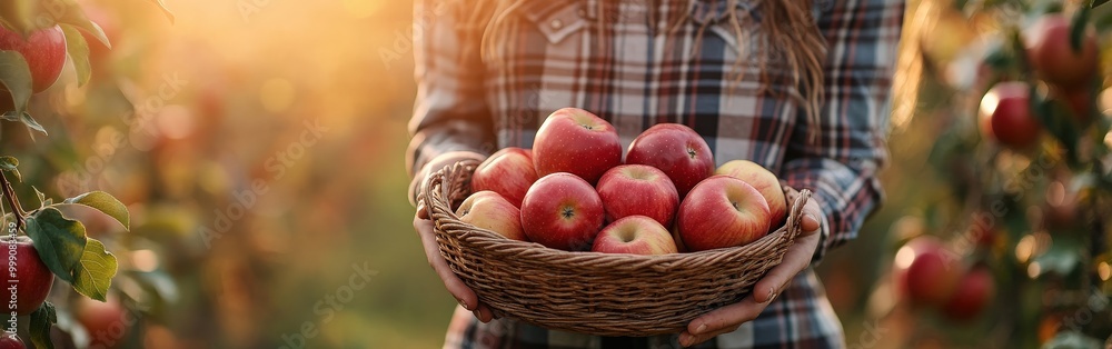 Woman with a Basket of Freshly Picked Apples in an Autumn Orchard Woman with a Basket of Freshly Picked Apples in an Autumn Orchard