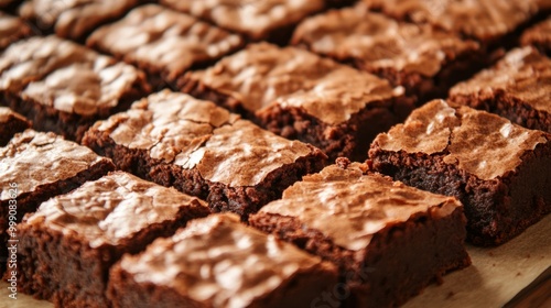 Close-up of freshly baked brownies with a crispy top layer, gooey center generative ai