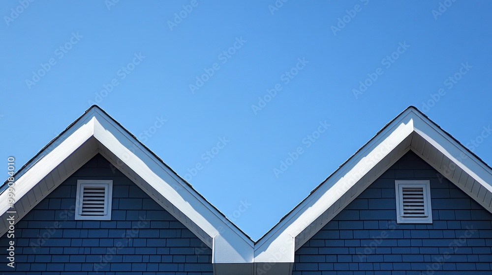 Two blue gable roofs with white trim against a bright blue sky. Two blue gable roofs with white trim against a bright blue sky.