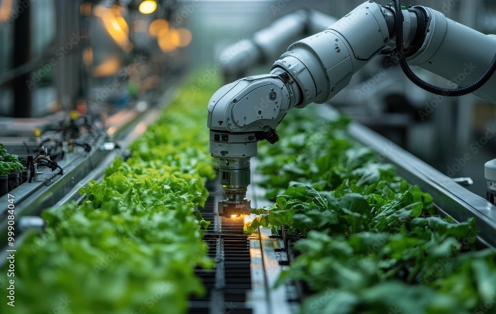Robotic arms tending to lettuce and vegetables in a high-tech indoor farm with a greenhouse structure Robotic arms tending to lettuce and vegetables in a high-tech indoor farm with a greenhouse structure