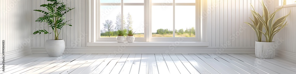 White room with window, summer view, Scandinavian style, home design, copy space for text, 3D rendering.