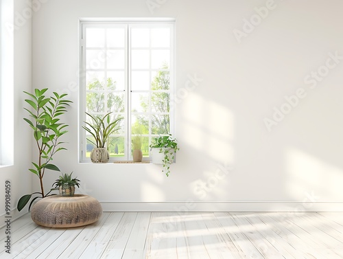 White room with window, summer landscape, Scandinavian style, minimalist home design, copy space, 3D rendering.