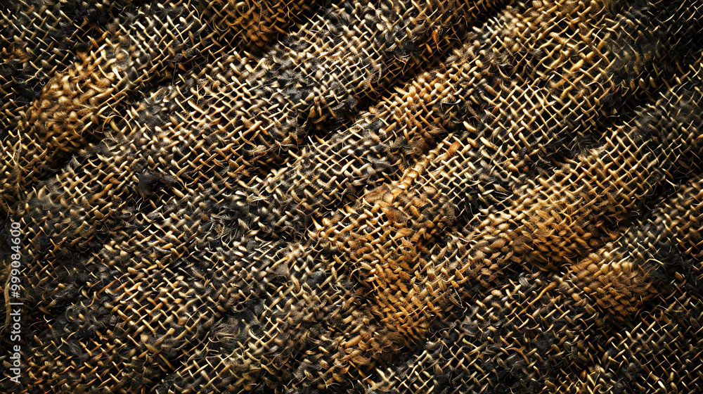 A close-up of woven, textured fabric in brown, black, and gold tones. A close-up of woven, textured fabric in brown, black, and gold tones.