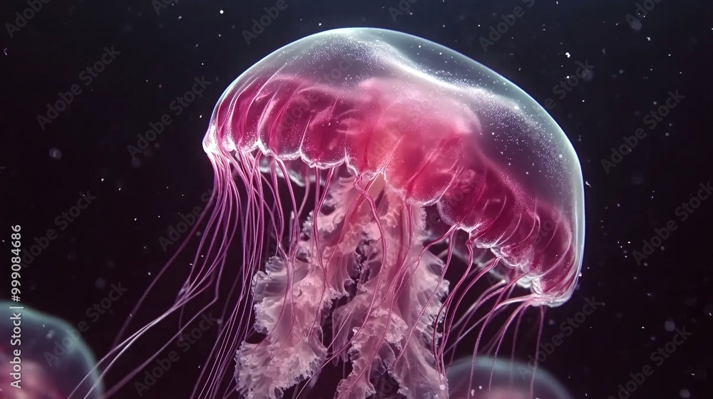 A close-up of a pink jellyfish with long tentacles floating in dark blue water. Generative ai A close-up of a pink jellyfish with long tentacles floating in dark blue water. Generative ai