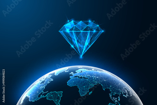 Technological advancement, innovation, global progress futuristic concept with diamond over Earth 
