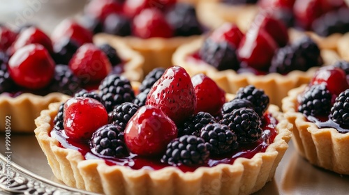 Close-up of mixed berry tarts with a buttery crust and glossy fruit glaze, served on a dessert tray generative ai