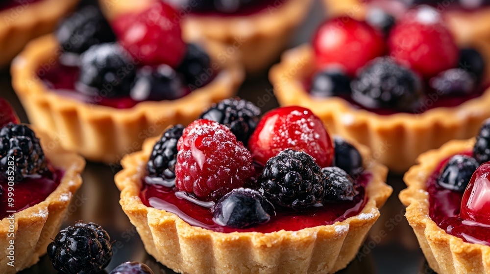 Close-up of mixed berry tarts with a buttery crust and glossy fruit glaze, served on a dessert tray generative ai Close-up of mixed berry tarts with a buttery crust and glossy fruit glaze, served on a dessert tray generative ai