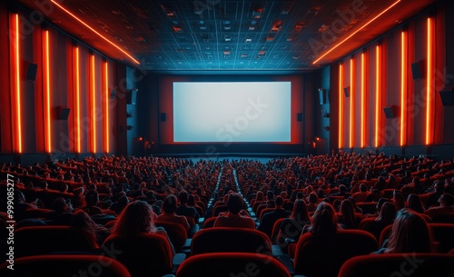 A crowded movie theater with a large screen displaying a film in a modern cinematic environment