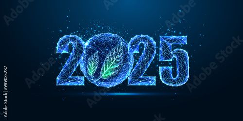 2025 sustainable New Year concept with glowing 2025 digits and green leaves inside transparent ball 