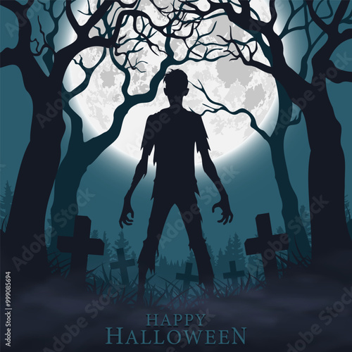 Halloween background. Zombie silhouette. Spooky cemetery at night. Vector illustration