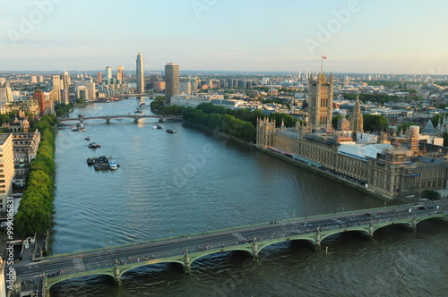 View From The London's Eye To The Westminster Bridge In London England Great Britain On A Beautiful Summer Day With A Clear Blue Sky
