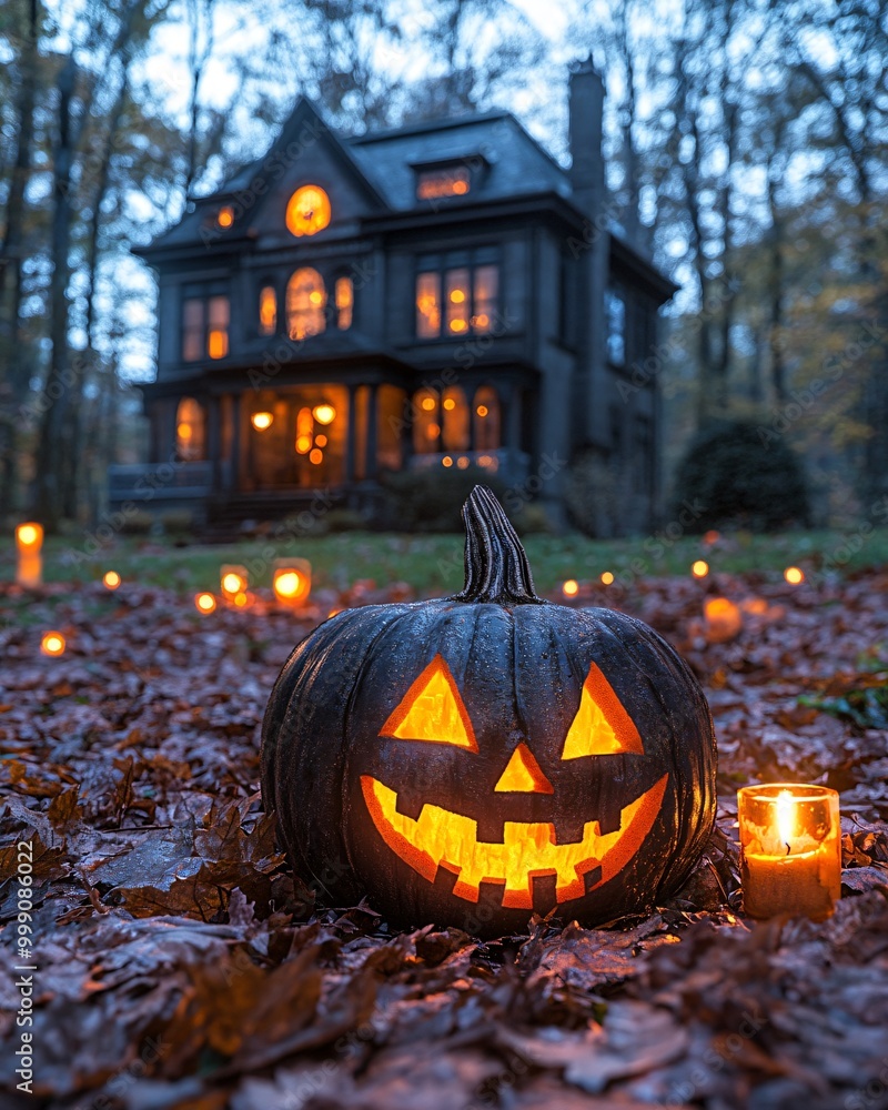 Obraz premium Halloween pumpkin near haunted house at evening