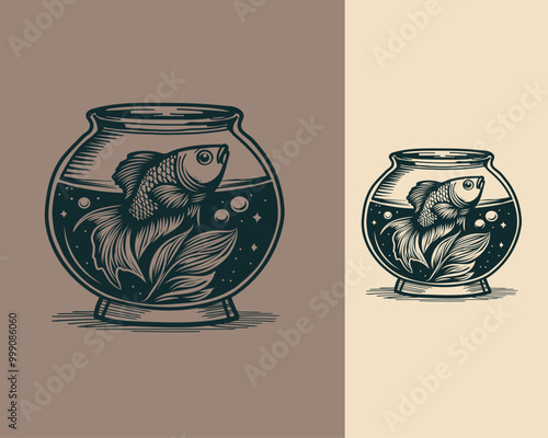 fish in Jar, Fish Tanks & Aquariums hand drawn vintage illustration