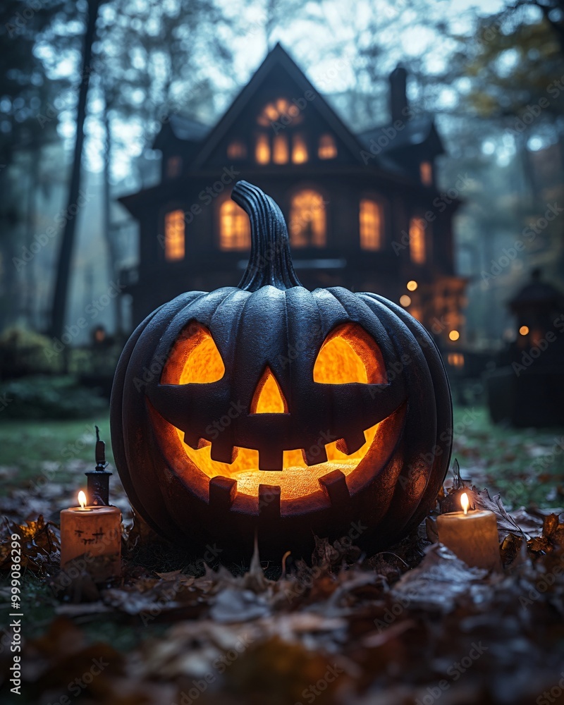 close up of pumpkin near haunted house close up of pumpkin near haunted house