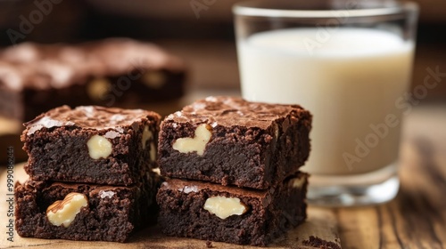 Close-up shot of fudgy brownies with walnuts inside, served with a glass of milk generative ai