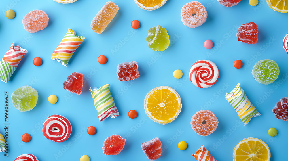 Colorful candies and sweets on a blue background. Colorful candies and sweets on a blue background.
