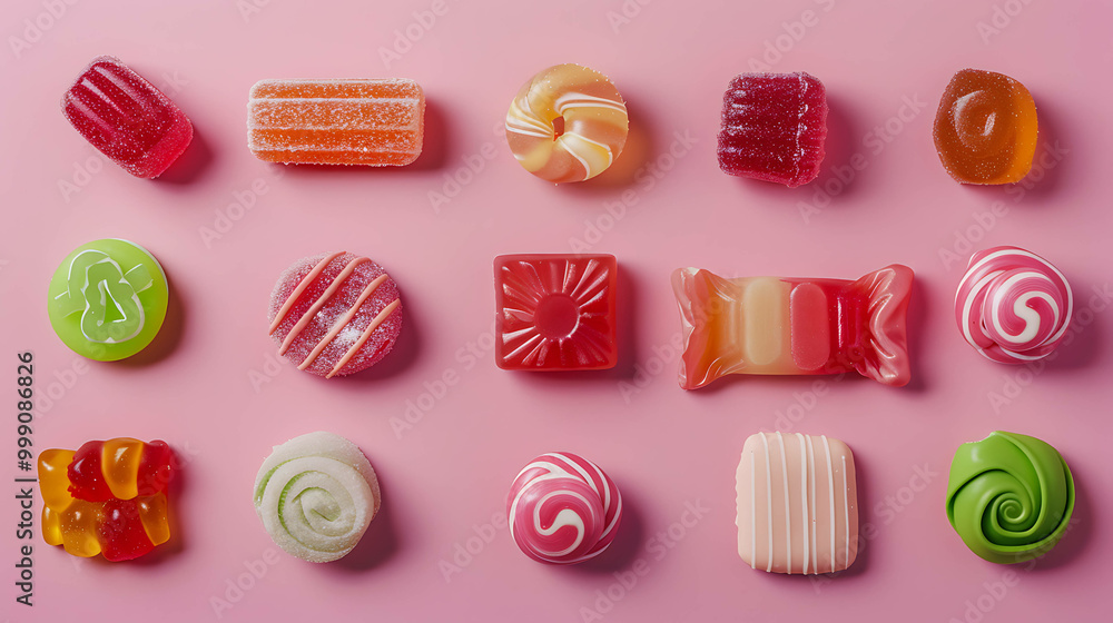 Obraz premium An assortment of colorful candies on a pink background.