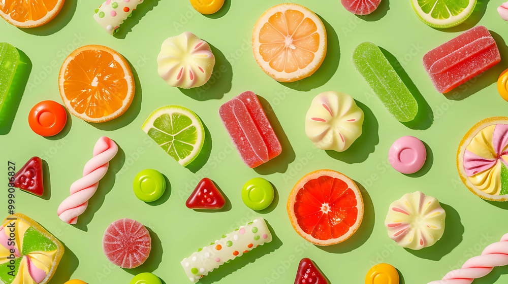 Colorful candies and citrus fruit slices on a green background. Colorful candies and citrus fruit slices on a green background.