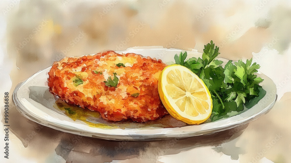 Crispy Austrian schnitzel with lemon and greens on a plate Crispy Austrian schnitzel with lemon and greens on a plate