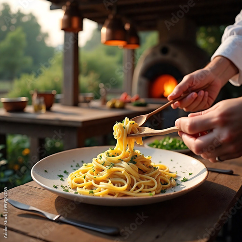 A full-body, photorealistic image of a chef in an outdoor, rustic kitchen, preparing a gourmet pasta dish. 