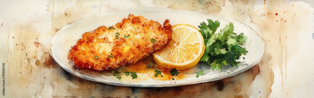 Crispy Austrian schnitzel with lemon and greens on a plate Crispy Austrian schnitzel with lemon and greens on a plate