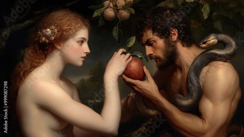 Fall of innocence: Adam and Eve in the garden of eden, confronted by the serpent and devil, who tempt them with the forbidden apple, leading to the original sin and humanity's loss of paradise.