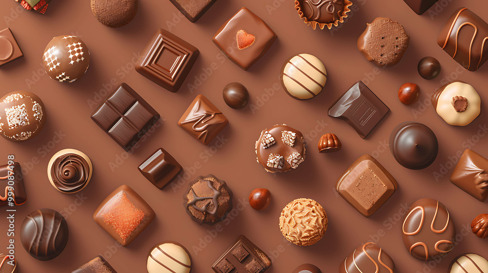 Delicious assorted chocolates arranged in a pattern on a brown background. Delicious assorted chocolates arranged in a pattern on a brown background.