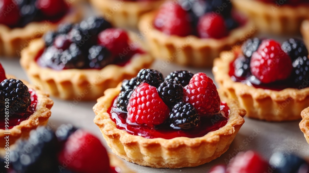 Close-up view of a French bakery tray, featuring tarts with glistening berry toppings generative ai Close-up view of a French bakery tray, featuring tarts with glistening berry toppings generative ai
