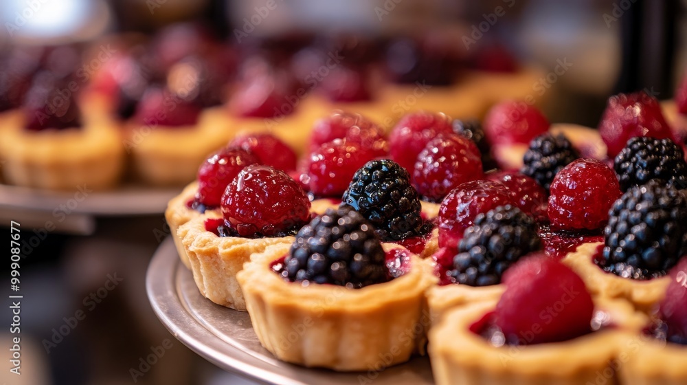 Close-up view of a French bakery tray, featuring tarts with glistening berry toppings generative ai Close-up view of a French bakery tray, featuring tarts with glistening berry toppings generative ai