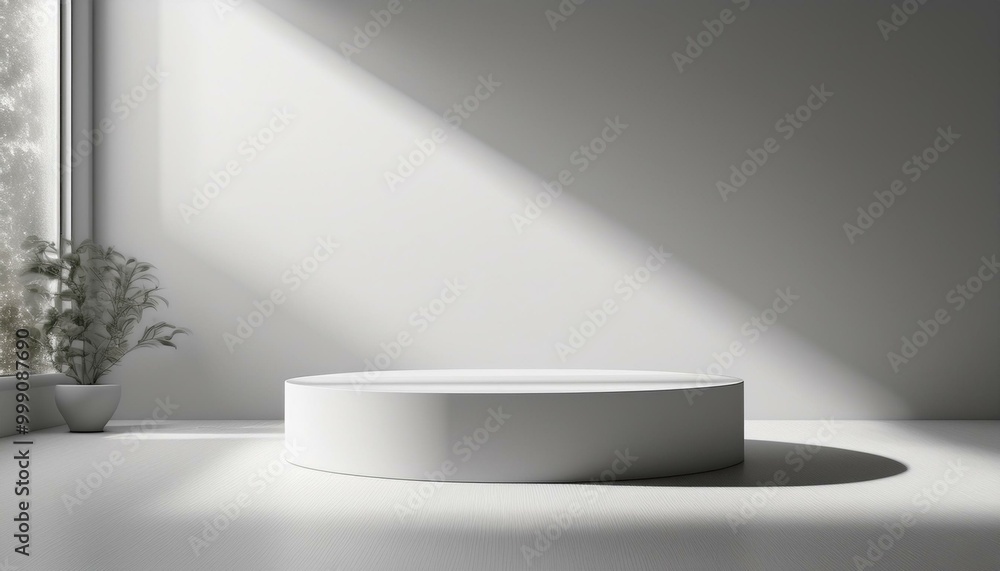 3D studio room with a podium on a white background. Empty floor and wall with shadow overlay from window onto tabletop. Stand with sunlight for product presentation. Interior mockup with countertop 3D studio room with a podium on a white background. Empty floor and wall with shadow overlay from window onto tabletop. Stand with sunlight for product presentation. Interior mockup with countertop