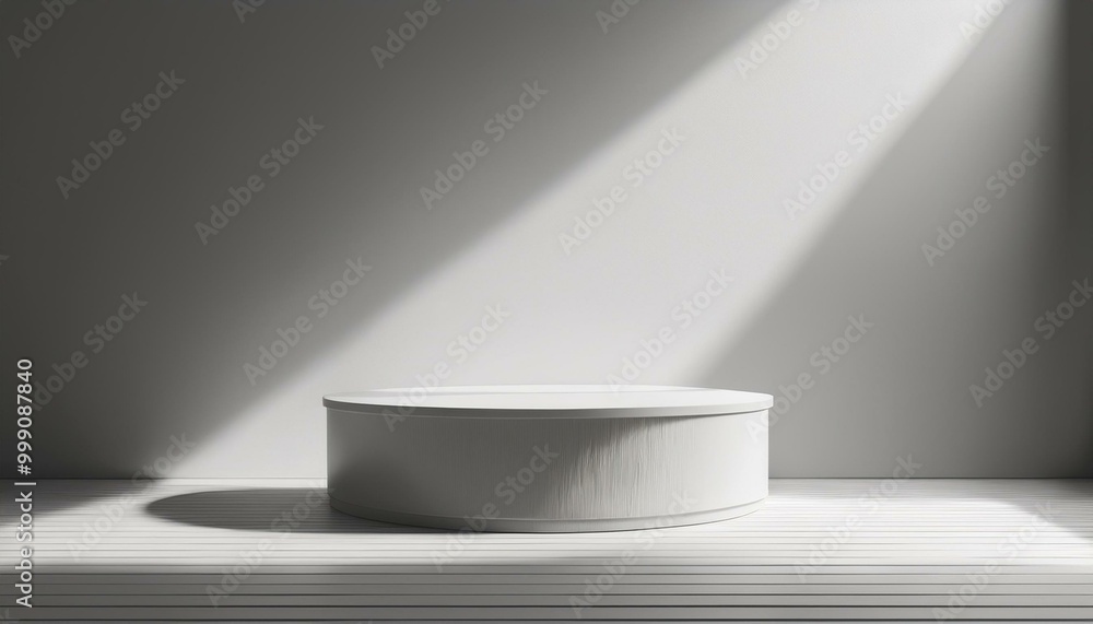 3D studio room with a podium on a white background. Empty floor and wall with shadow overlay from window onto tabletop. Stand with sunlight for product presentation. Interior mockup with countertop 3D studio room with a podium on a white background. Empty floor and wall with shadow overlay from window onto tabletop. Stand with sunlight for product presentation. Interior mockup with countertop