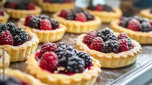 Close-up view of a French bakery tray, featuring tarts with glistening berry toppings generative ai