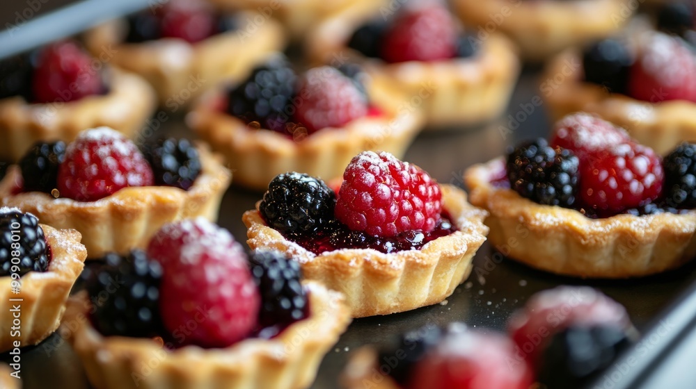 Close-up view of a French bakery tray, featuring tarts with glistening berry toppings generative ai Close-up view of a French bakery tray, featuring tarts with glistening berry toppings generative ai
